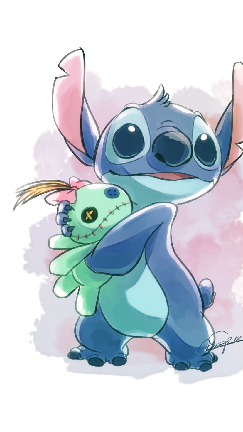 Stitch gently hugs a small green button-eyed voodoo doll amidst soft pink and purple watercolor paint splashes.
