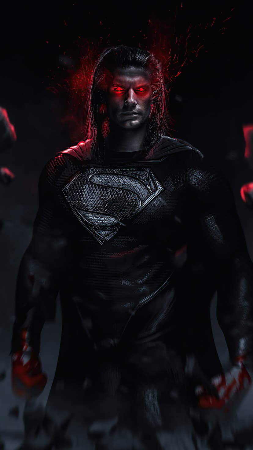 Superman in a black suit stares forward with glowing red eyes amidst floating debris and dark swirling smoke.