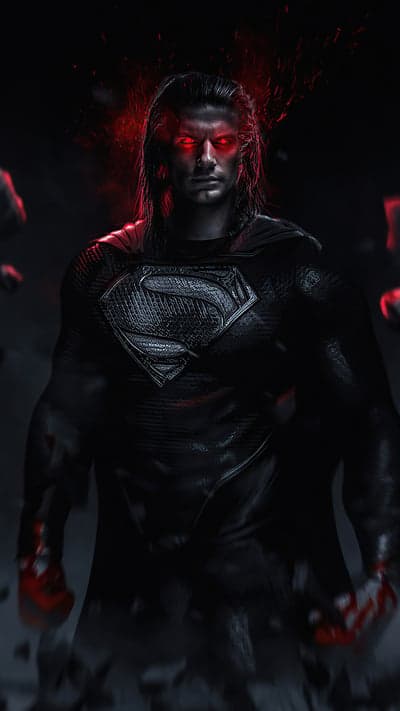 Dark Superman with glowing red eyes and black suit