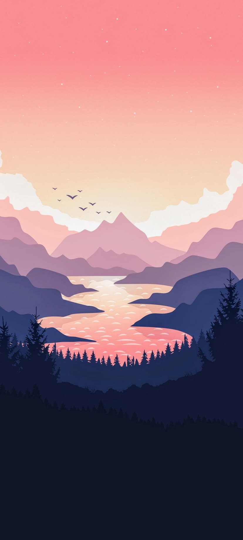 Purple mountains frame a reflective lake beneath a starry pink sky and a dark pine forest on the shore.