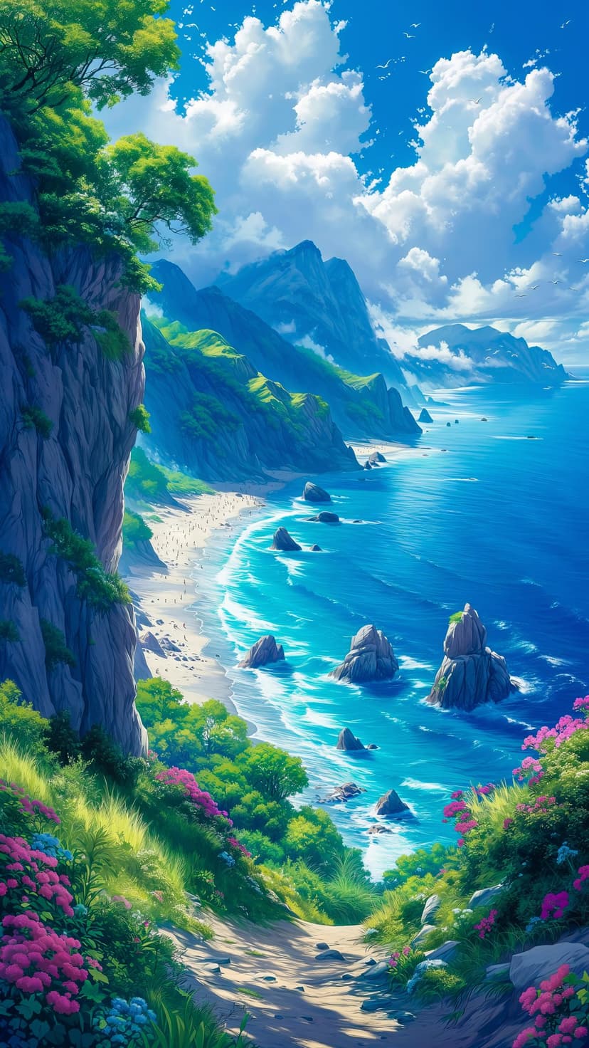 Bright wildflowers bloom on a grassy cliff overlooking turquoise ocean waves and jagged tropical mountains.