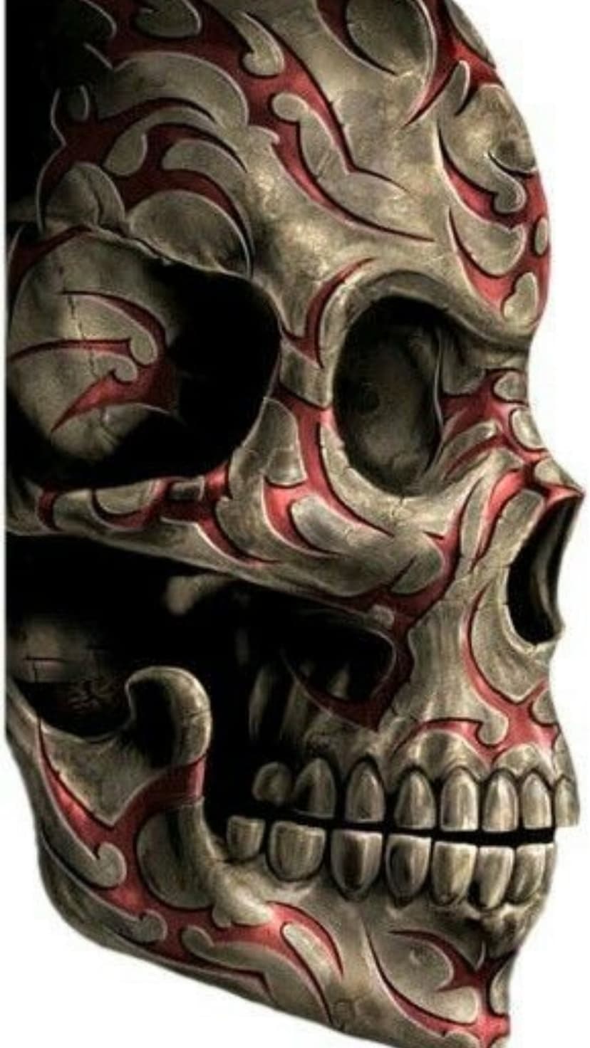 Human skull in profile with weathered stone texture and swirling red tribal markings over the bone surface.