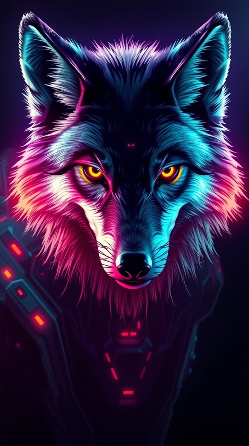 Wolf head with glowing orange eyes wearing a mechanical collar amidst neon pink and electric blue lighting.