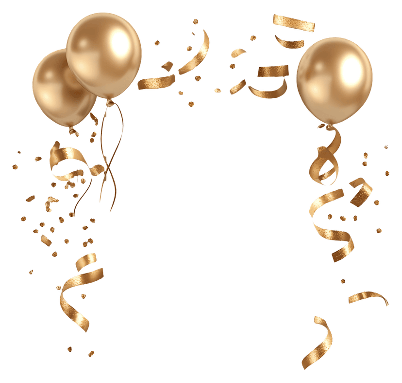 Gold balloons with confetti float against a transparent background featuring realistic metallic textures and shine.