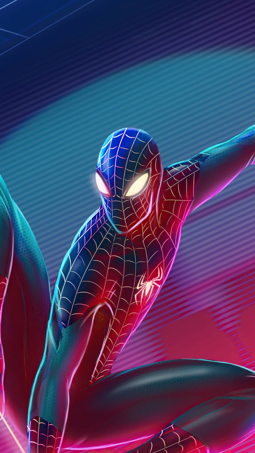 Miles Morales in a black spider suit with glowing eyes stands amidst radiating neon blue and pink light beams.