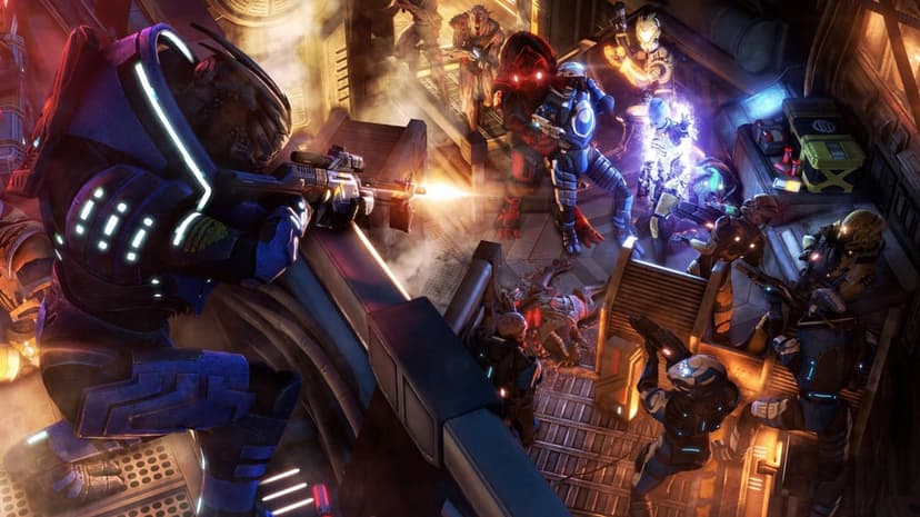Turian sniper aims his rifle amidst a glowing blue and orange sci-fi battle in an industrial hangar.