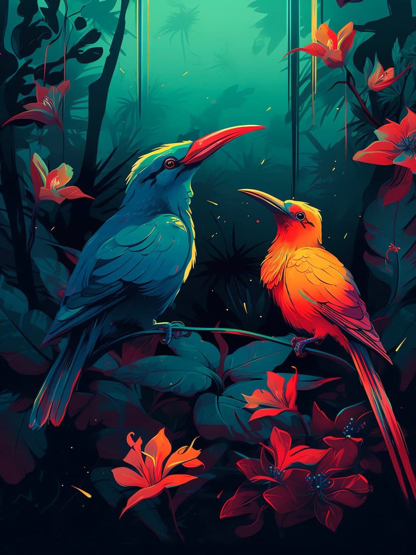 Two bright blue and orange birds perch on a branch surrounded by red flowers and glowing green jungle foliage.