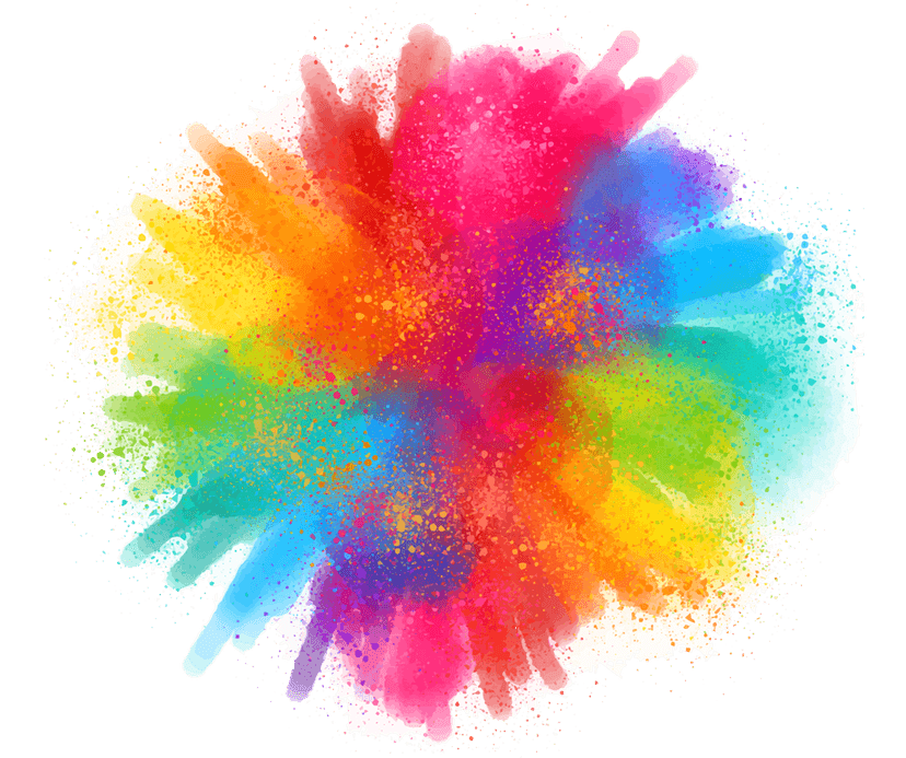 Multicolored paint explosion with sharp liquid droplets and glossy textures isolated on a transparent background.
