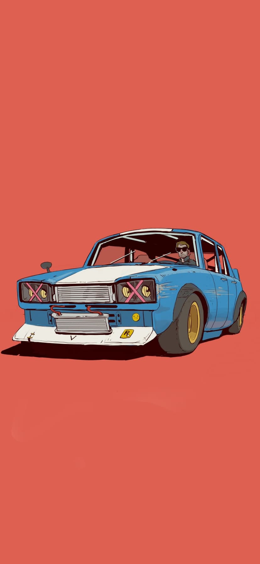 Blue racing car with white stripes and X-taped headlights features a driver in sunglasses on a red background.