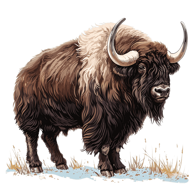 Shaggy bison bull stands in a snowy field with dry tall grass against a solid black background portrait.