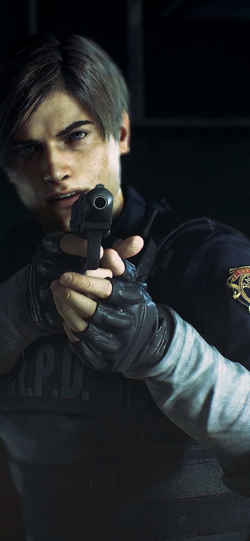 Leon S. Kennedy in R.P.D. uniform holding a pistol with a tactical grip in a dark, moody setting.