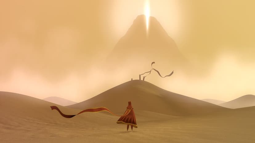 Red-robed traveler standing in a vast golden desert looking toward a brilliant glowing split mountain peak.