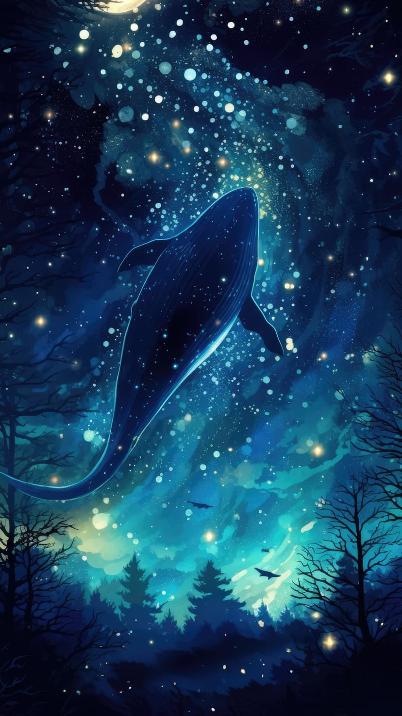 A giant whale swims through a star-filled night sky over dark silhouettes of pine trees and glowing fireflies.
