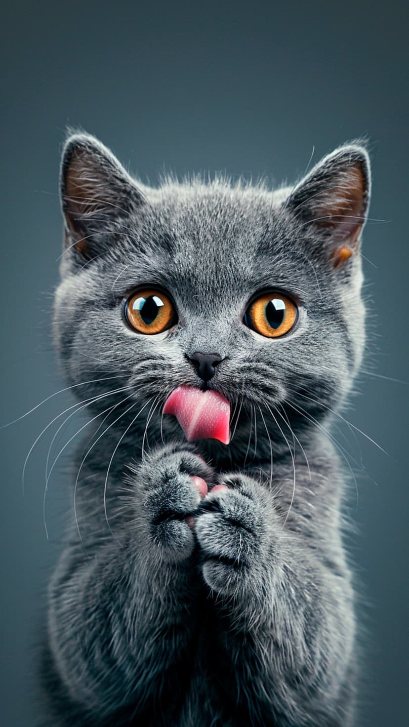 Grey British Shorthair kitten with orange eyes licks its paw, showing a tiny pink tongue and soft charcoal fur.
