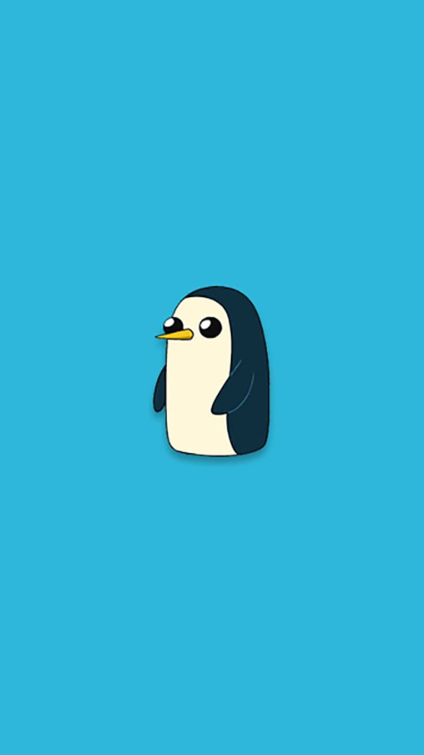 Plump penguin with a dark blue body and white belly standing centered on a solid vibrant blue background.