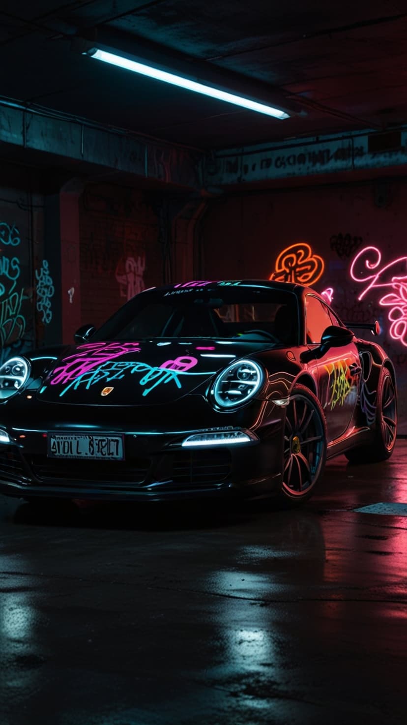 Porsche 911 with neon graffiti sits in a dark garage with glowing signs and reflections on a wet asphalt floor.