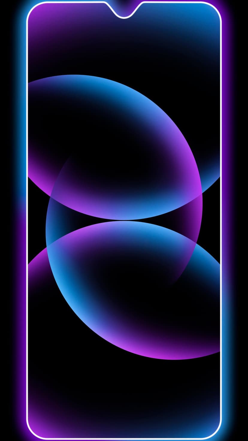 Glowing blue and purple spheres hover in a pitch-black abyss surrounded by a thin radiant neon frame.