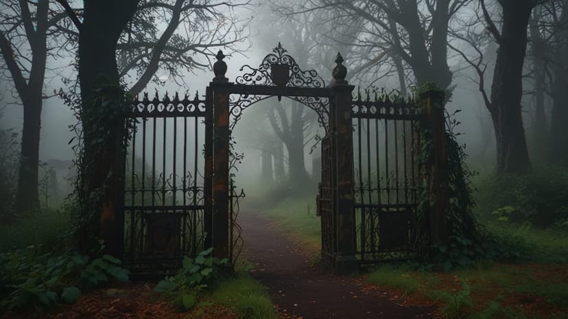 Wrought-iron gate stands open leading into a foggy forest path with twisted trees and thick creeping ivy.