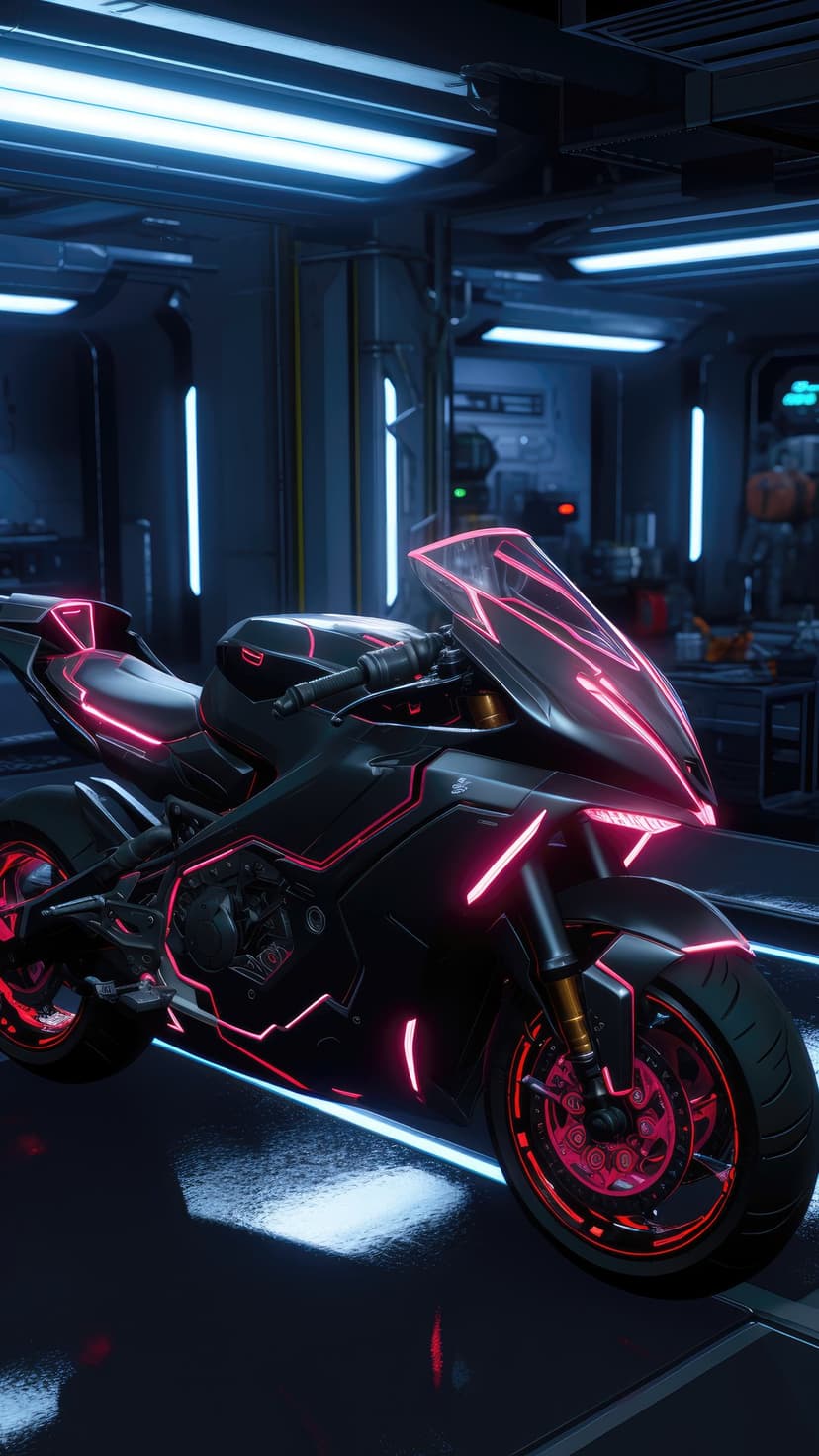 Matte black futuristic motorcycle with glowing pink LED accents parked in a dark industrial garage setting.