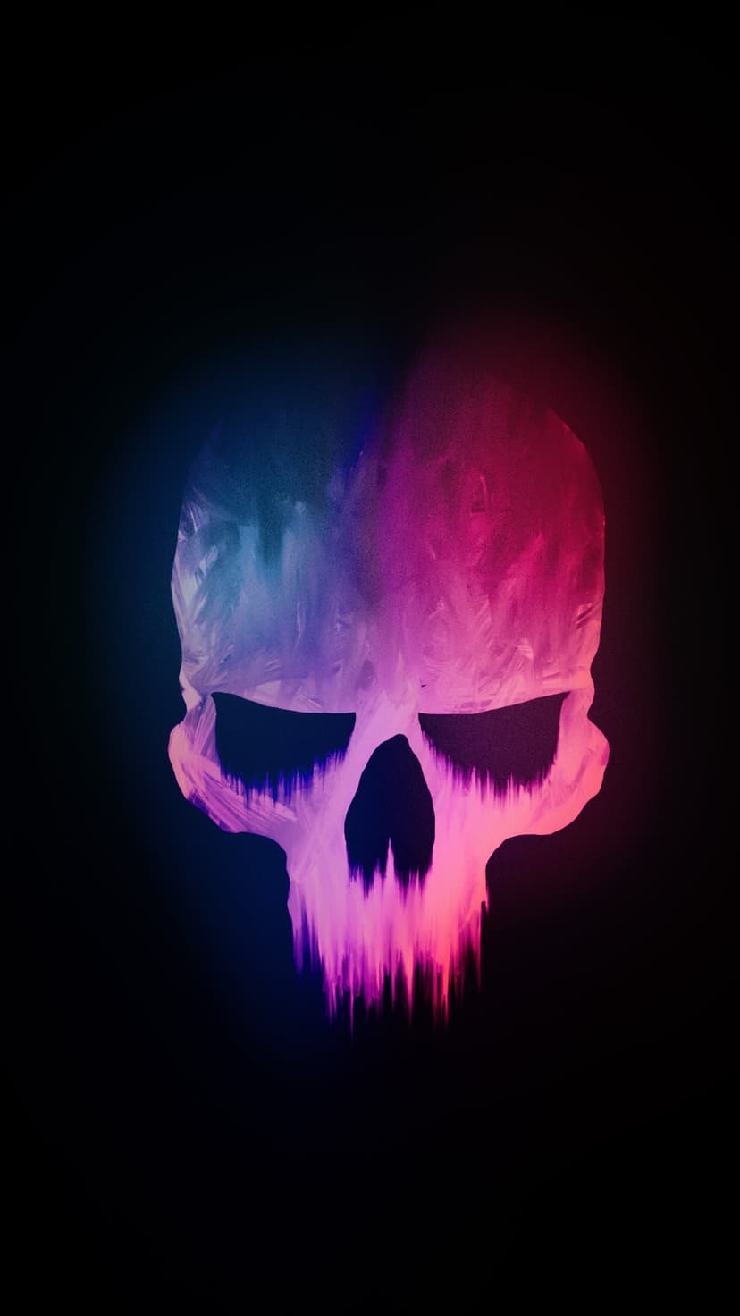 Skull with vibrant neon pink and blue paint splatters glows against a solid black background in high contrast.