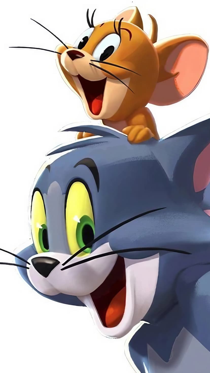 Tom the cat looks up with wide green eyes while Jerry the mouse smiles mischievously atop his head.