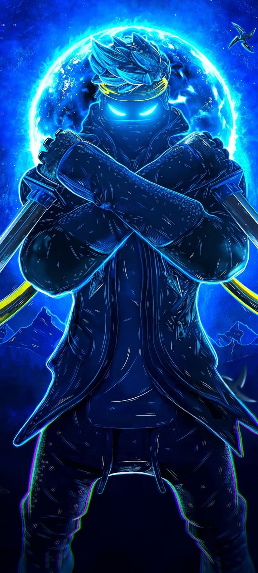 Ninja warrior with glowing blue eyes and crossed swords stands before a large luminous moon in a dark sky.