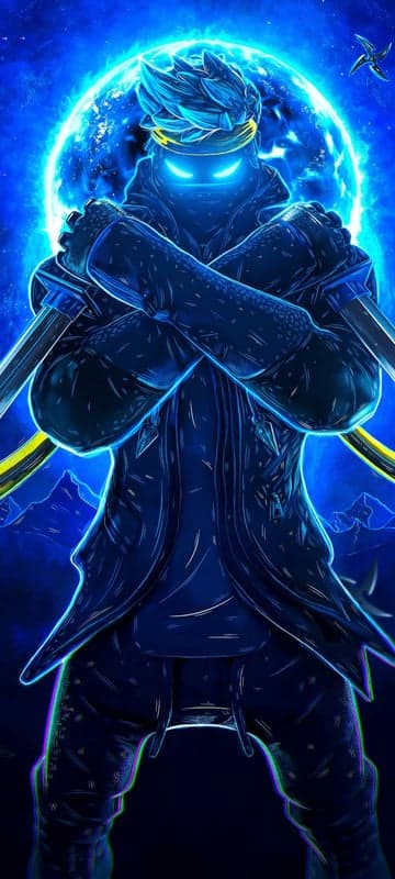 Neon Ninja Warrior with Glowing Eyes and Swords