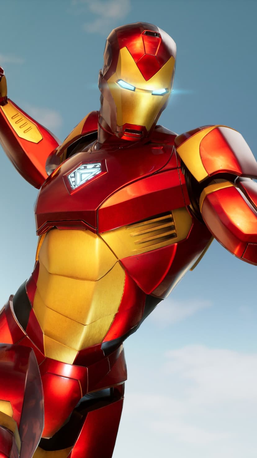 Iron Man in red and gold armor flies through a blue sky with glowing eyes and arc reactor, viewed from below.