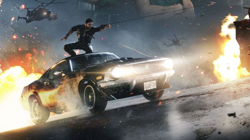 Rico Rodriguez on a black muscle car with a Scorpion license plate amidst fiery explosions and a helicopter.