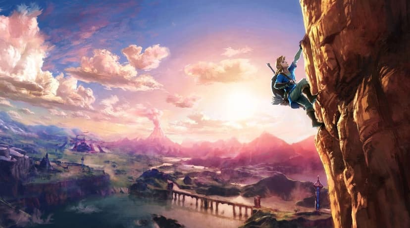 Link climbing a steep cliff face overlooking a vast kingdom during a colorful sunset with distant mountains.