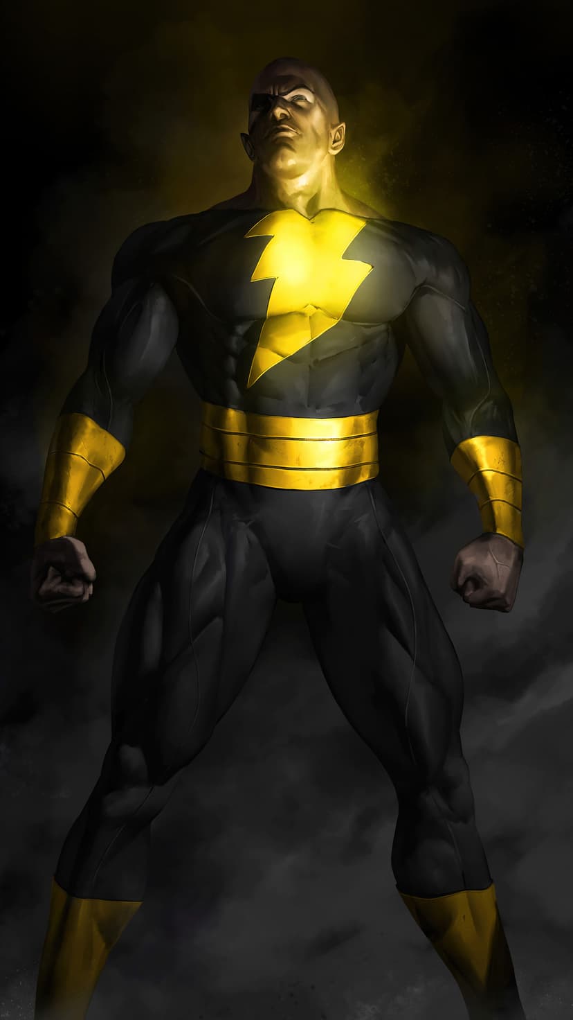 Black Adam wearing a black suit with a glowing yellow lightning bolt stands against a dark smoky background.