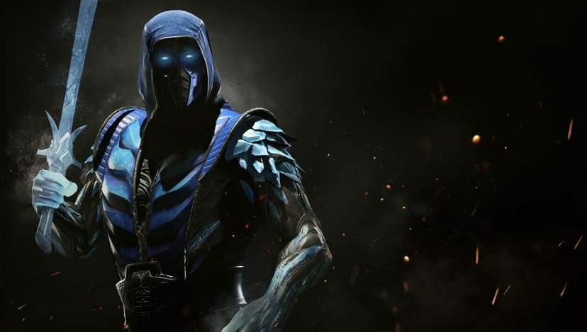 Sub-Zero wearing hooded ice armor and holding a frost sword with glowing blue eyes against a dark background.