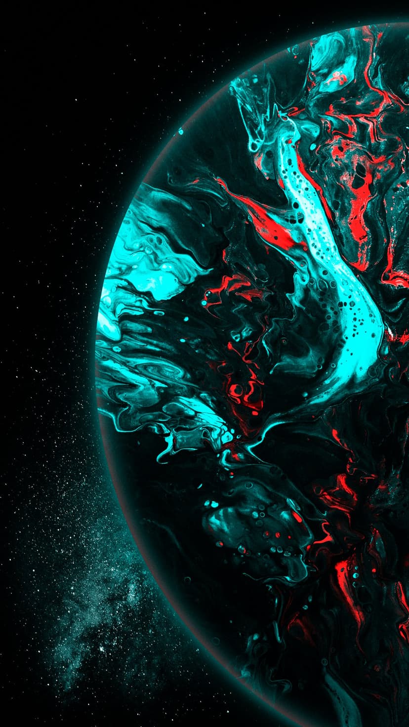 Glowing cyan and red gaseous swirls orbit a dark planet amidst a dense field of twinkling white stars.