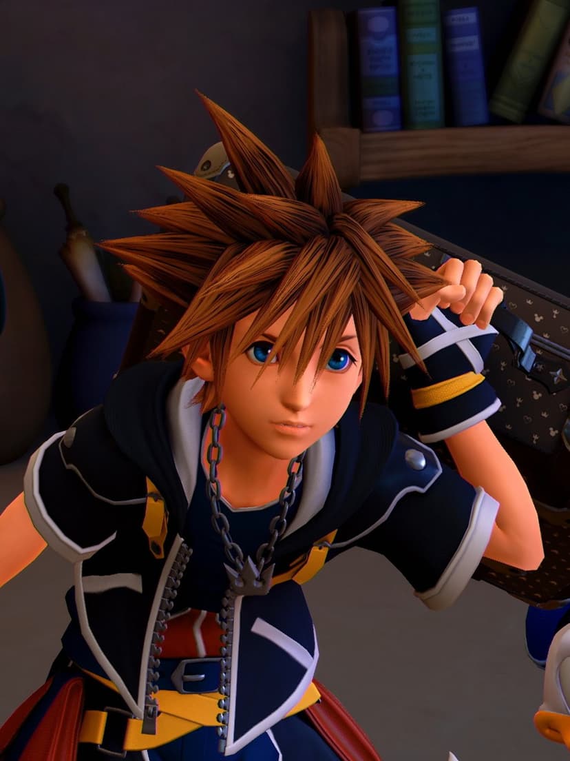 Sora from Kingdom Hearts 3 with spiky brown hair and blue eyes looking forward in a library setting.