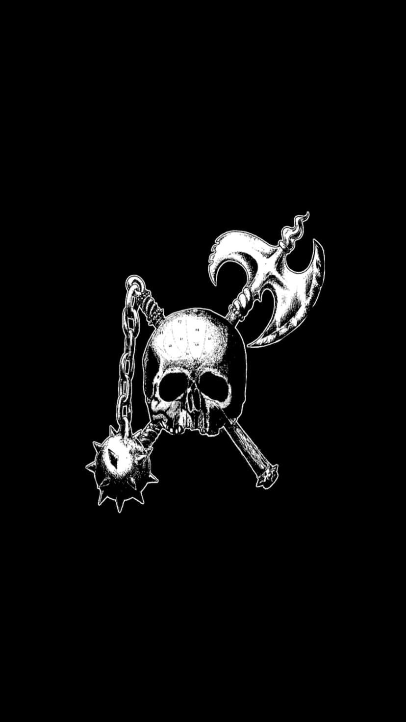 Human skull impaled by a heavy iron battle axe next to a spiked mace on a chain with high-contrast shading.