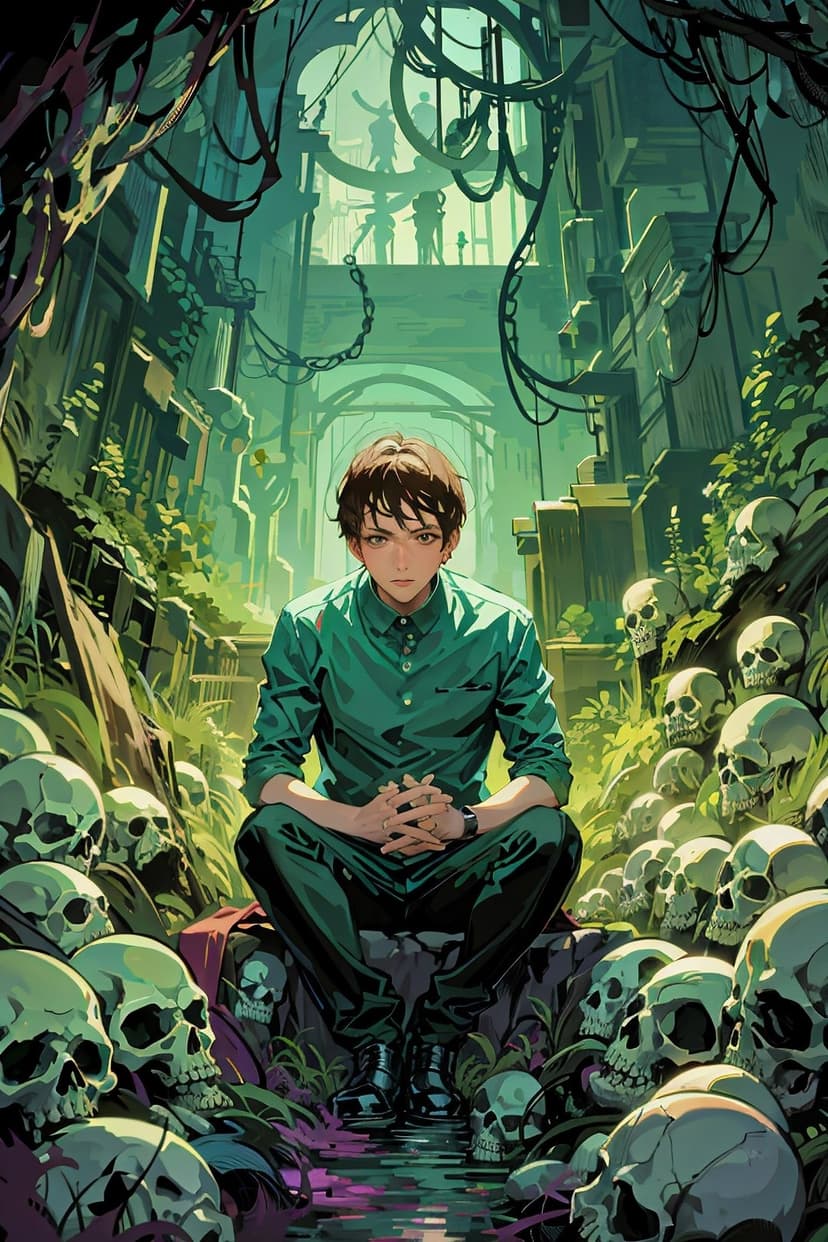 Young man sitting cross-legged surrounded by human skulls and green vines inside crumbling ancient stone ruins.
