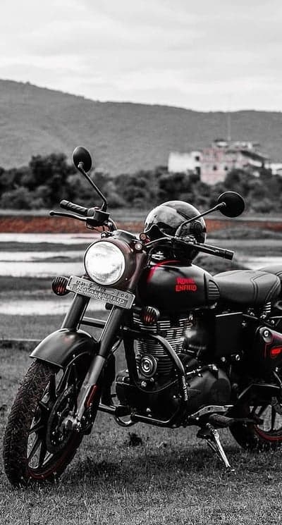 Royal Enfield Classic Motorcycle with Black Helmet
