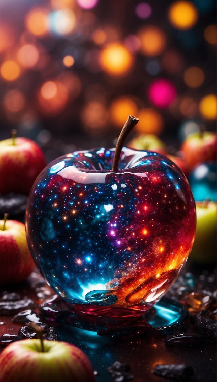 Red apple containing a swirling blue and purple galaxy sits on a dark surface amidst colorful bokeh lights.
