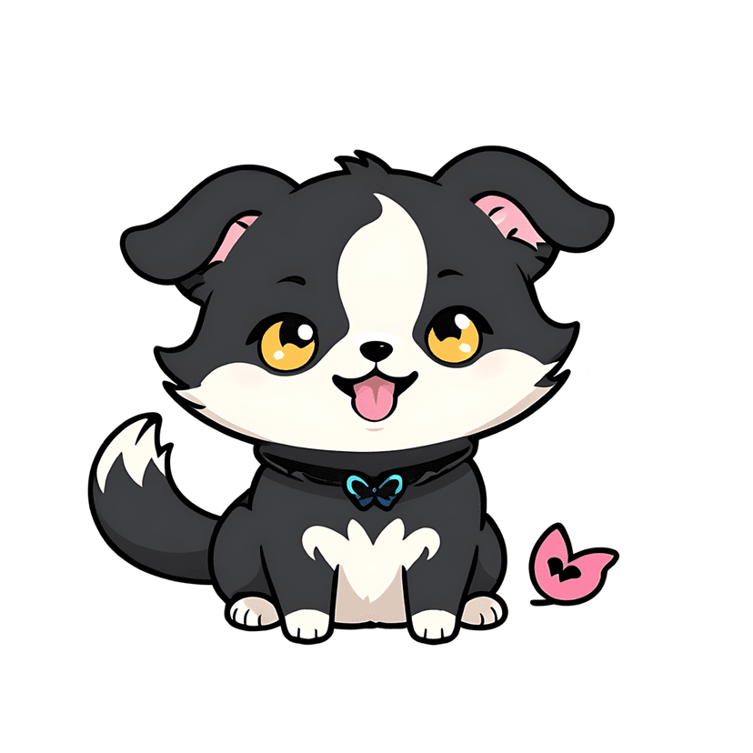 Black white puppy sticker illustration features a blue bow, yellow eyes, and a pink tongue in a sitting pose.