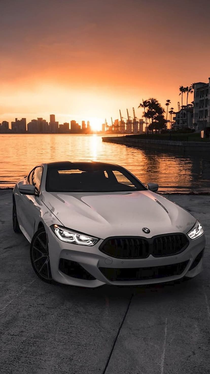 White BMW coupe by harbor water with industrial cranes silhouetted against a pink and orange sunset sky.
