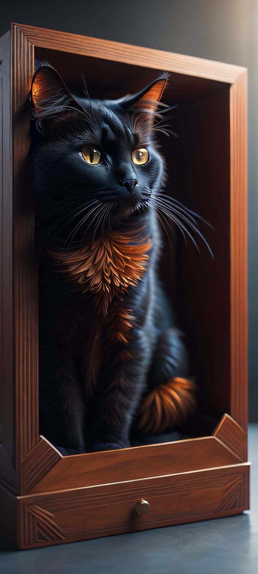 Black cat with golden eyes sitting in an ornate wooden box featuring intricate carvings and warm ambient lighting.