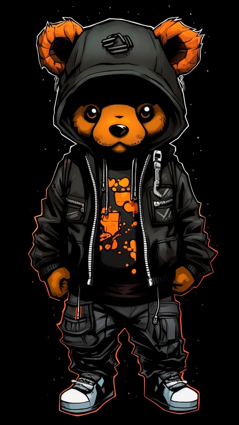 Teddy bear wearing a black hoodie, bomber jacket, and orange sneakers featuring paint splatter details.