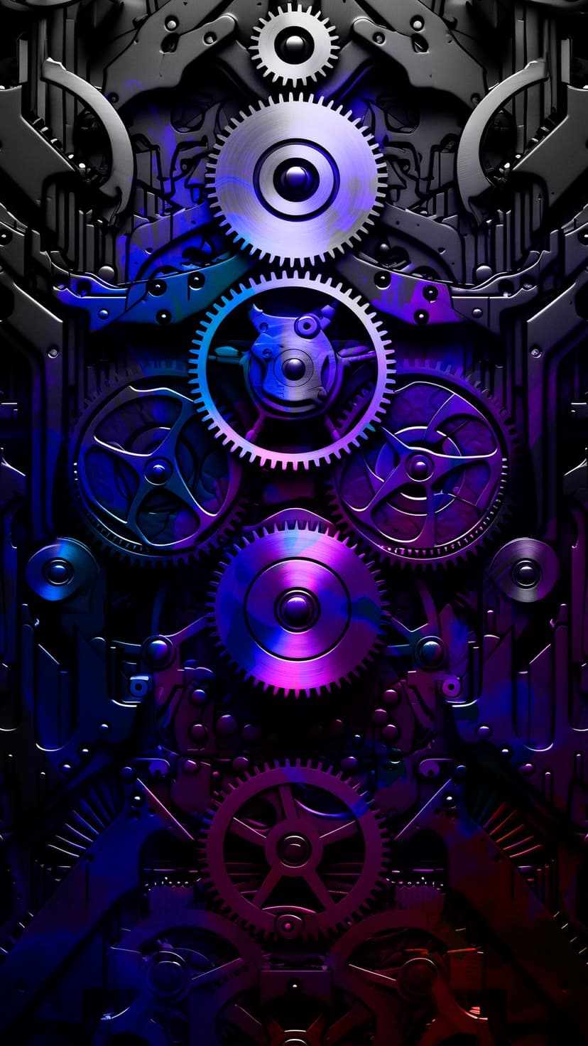 Intricate mechanical gears and cogs glow with neon purple and blue lights in a dense vertical arrangement.