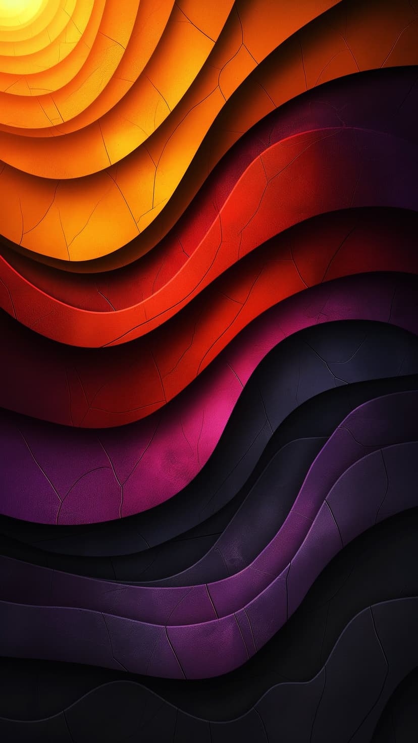 Wavy layers of orange, crimson, and violet flow vertically with a subtle cracked texture toward a dark base.