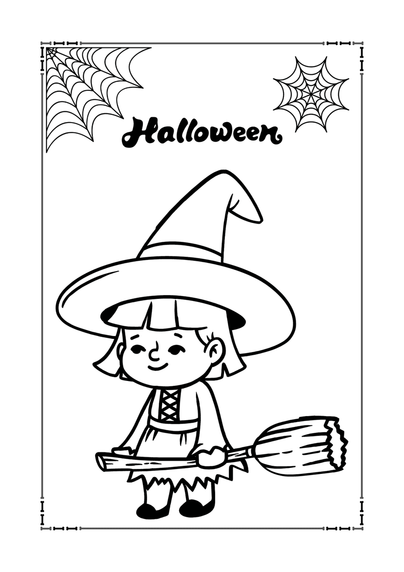 Halloween witch coloring page features a cartoon figure holding a broomstick amidst decorative corner webs.