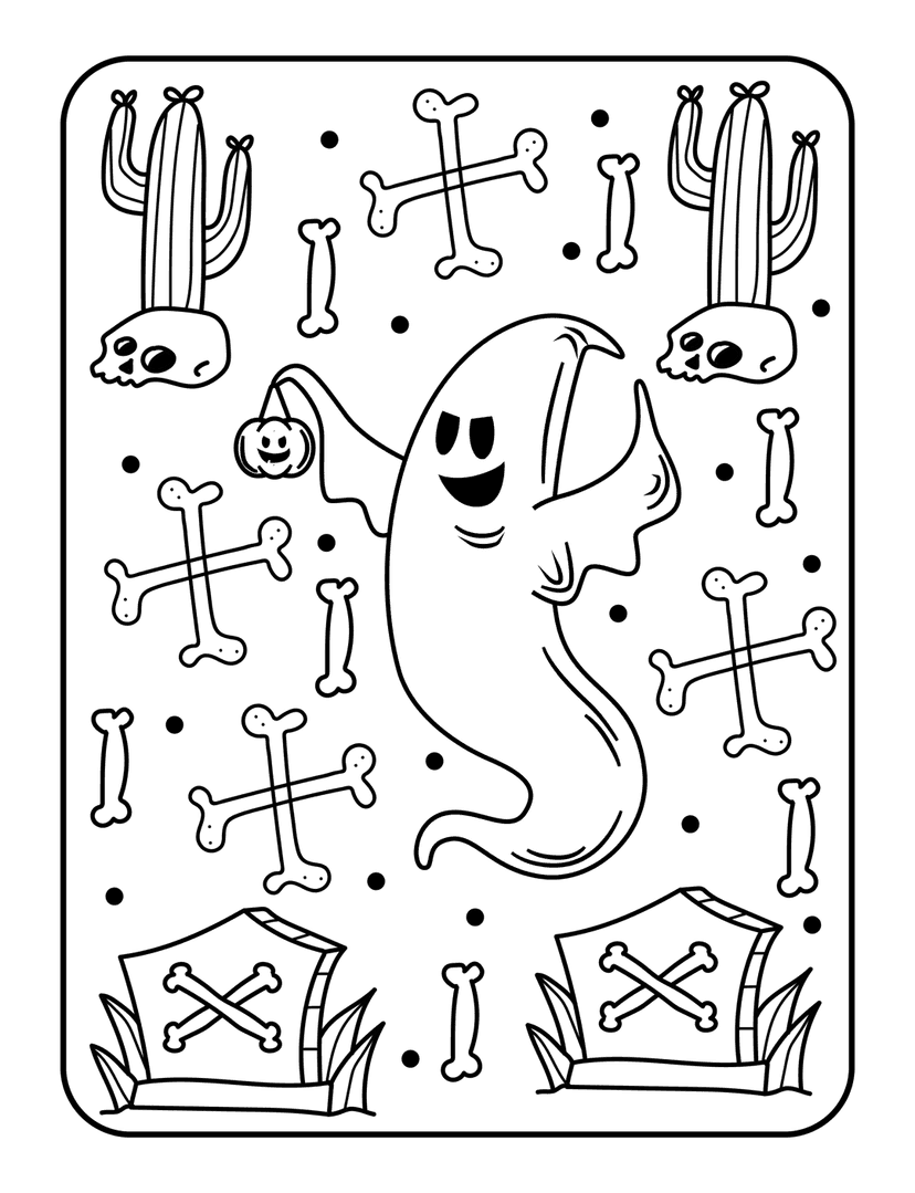 Halloween coloring page featuring a ghost, pumpkins, and skeletons in high-contrast black and white line art.