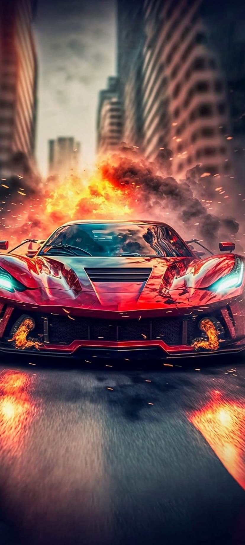 Red supercar speeds through a dark city street while orange flames and sparks erupt from the wheels and sides.