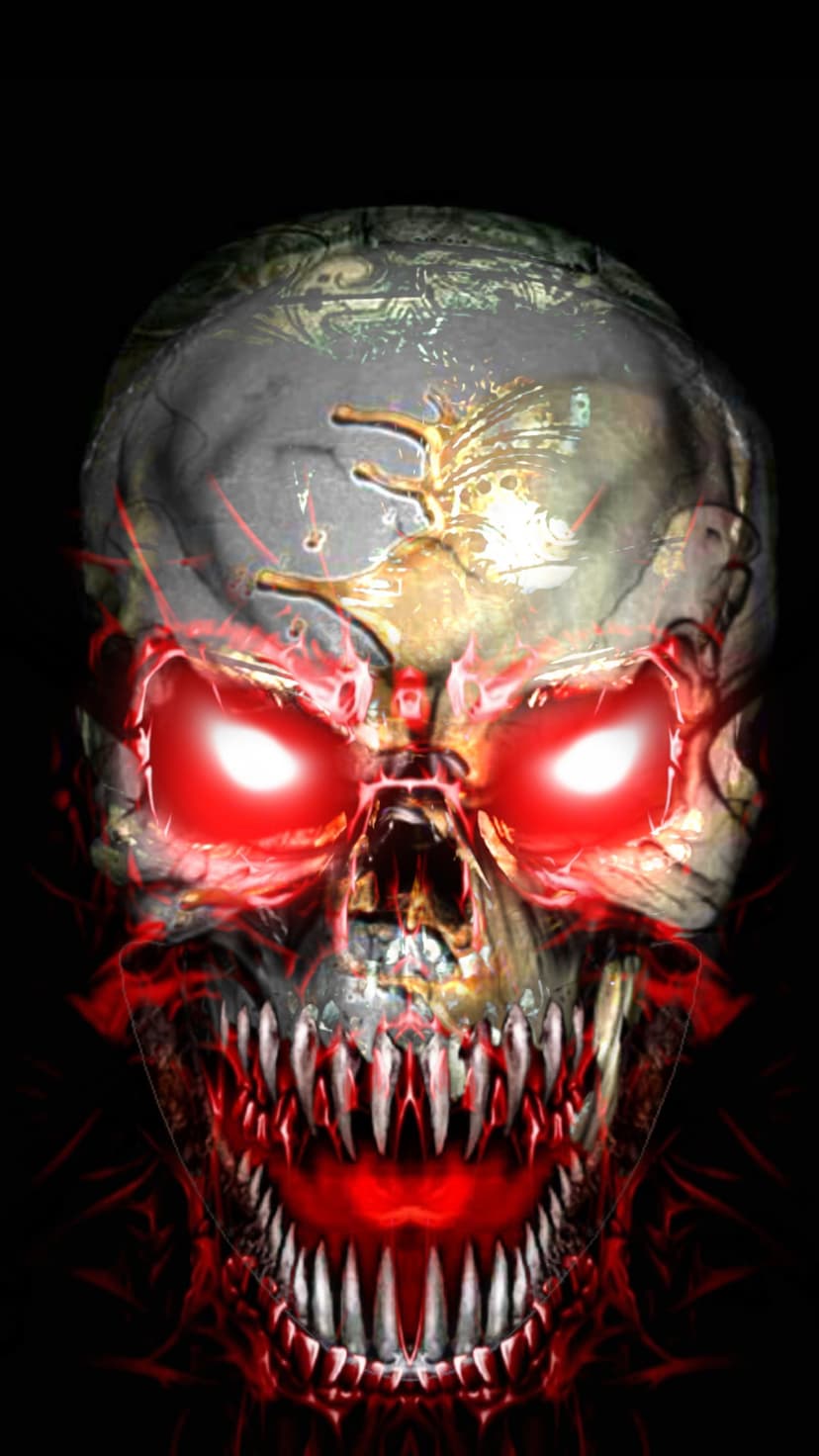 Weathered skull with glowing red eyes, jagged teeth, and etched patterns surrounded by swirling crimson energy.
