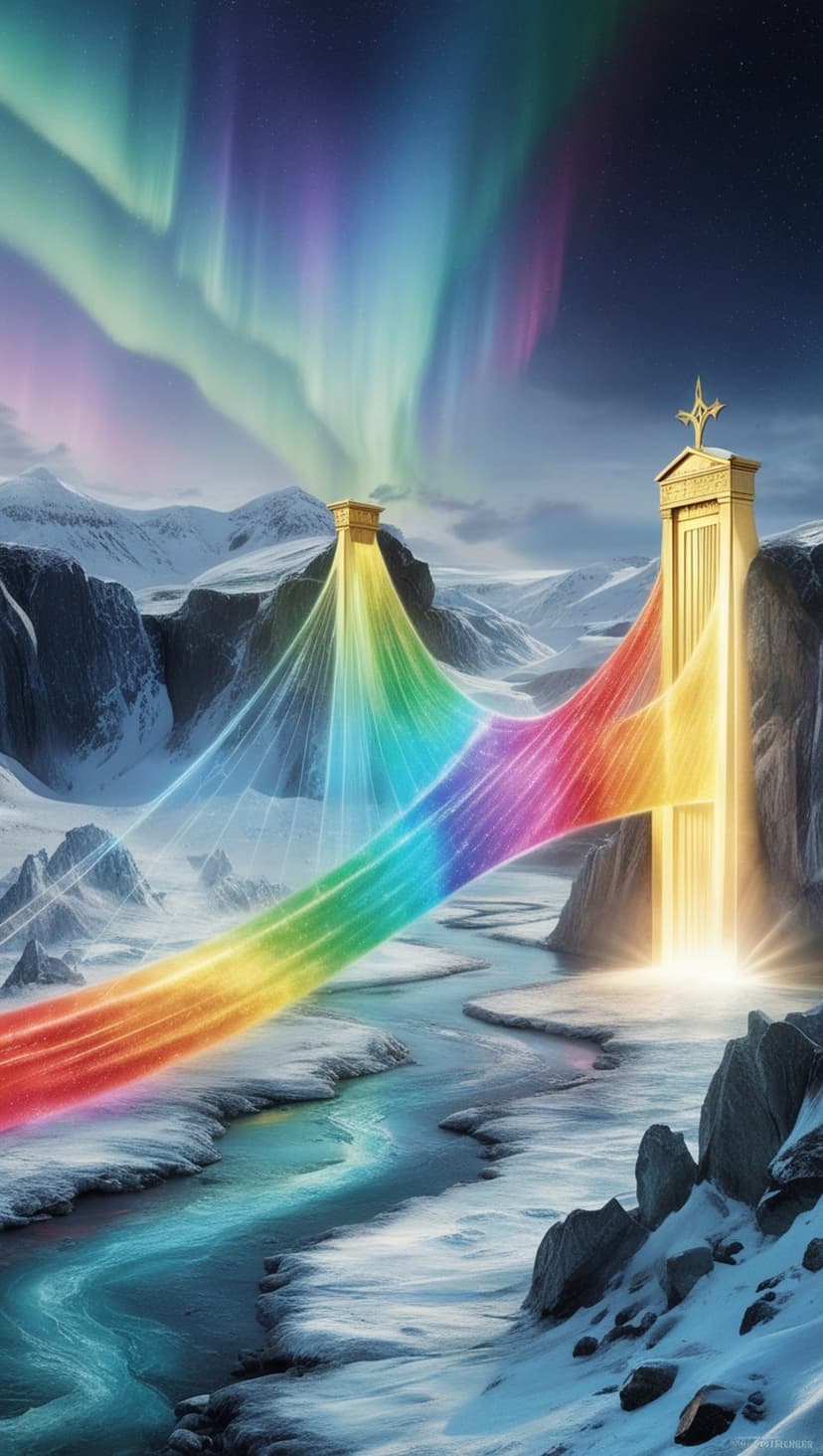 Prismatic bridge spans golden pillars over a frozen river under green and purple northern lights at night.