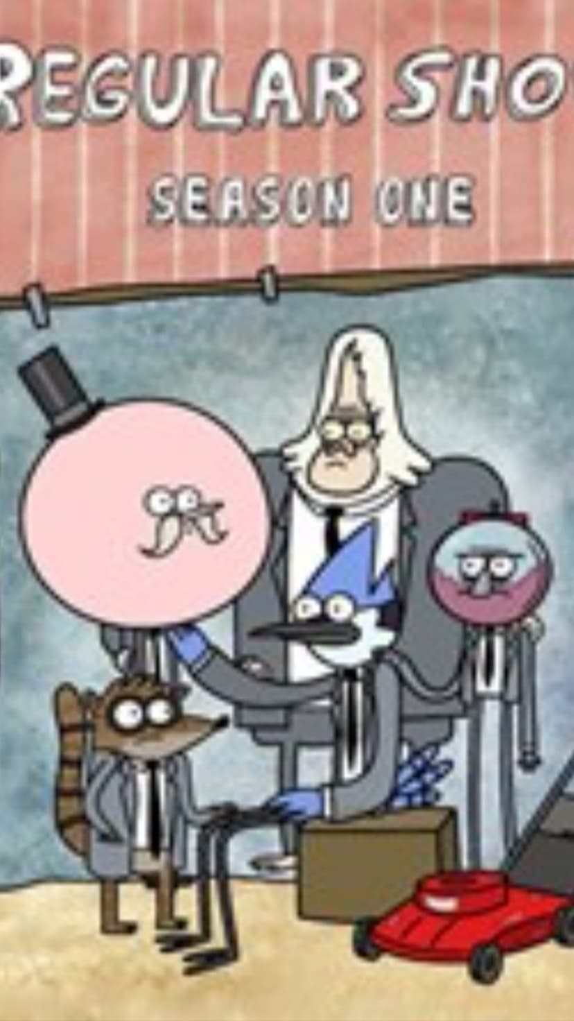Mordecai, Rigby, and Benson wear suits and ties while standing behind a lawnmower on this season one cover.